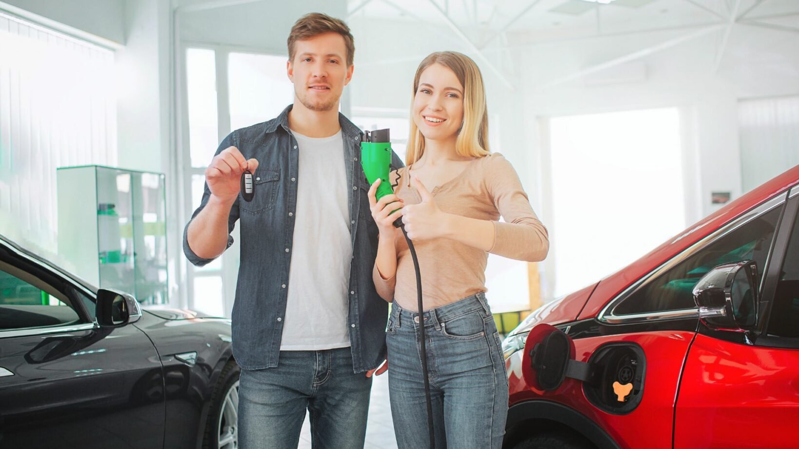 Un couple achetant une voiture électrique en concession. 