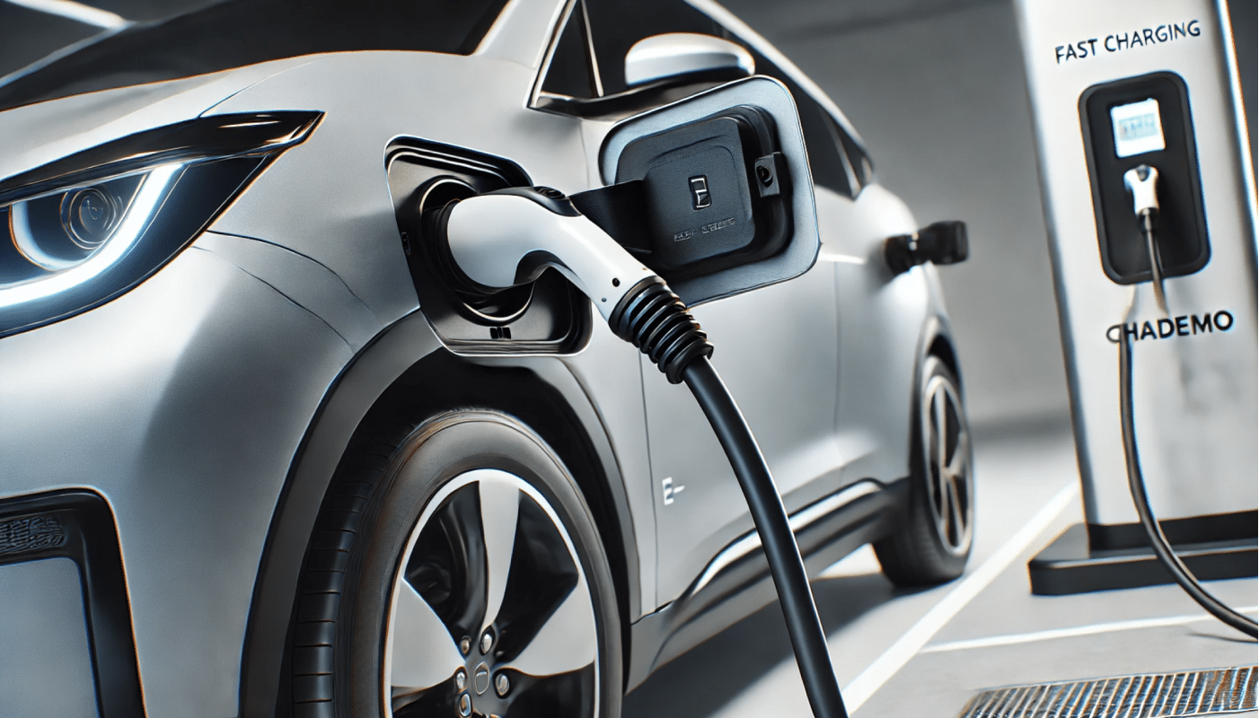 Connecteur de recharge rapide CHAdeMO branché à un véhicule électrique