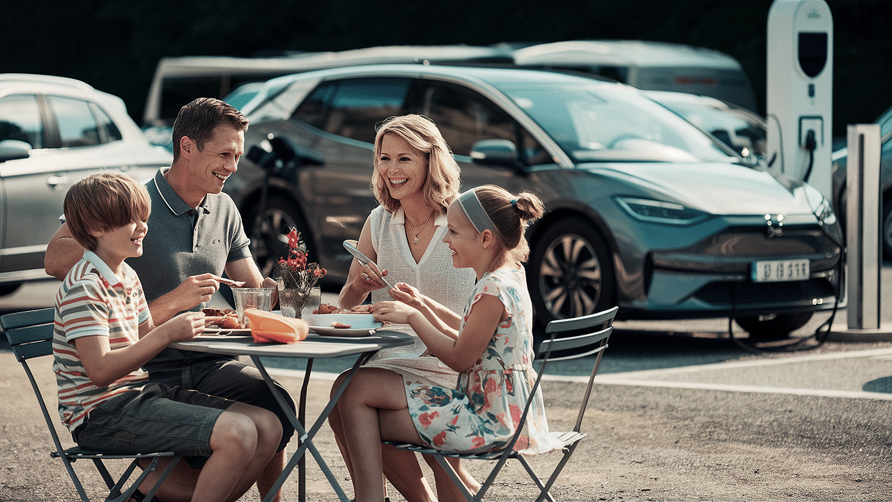 Une famille pique-pique sur l'autoroute pendant la recharge de sa voitire électrique