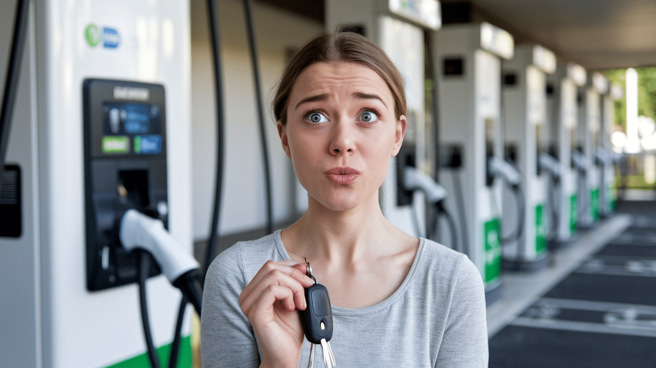 Une jeune femme interrogative devant une borne de recharge pour voiture électrique