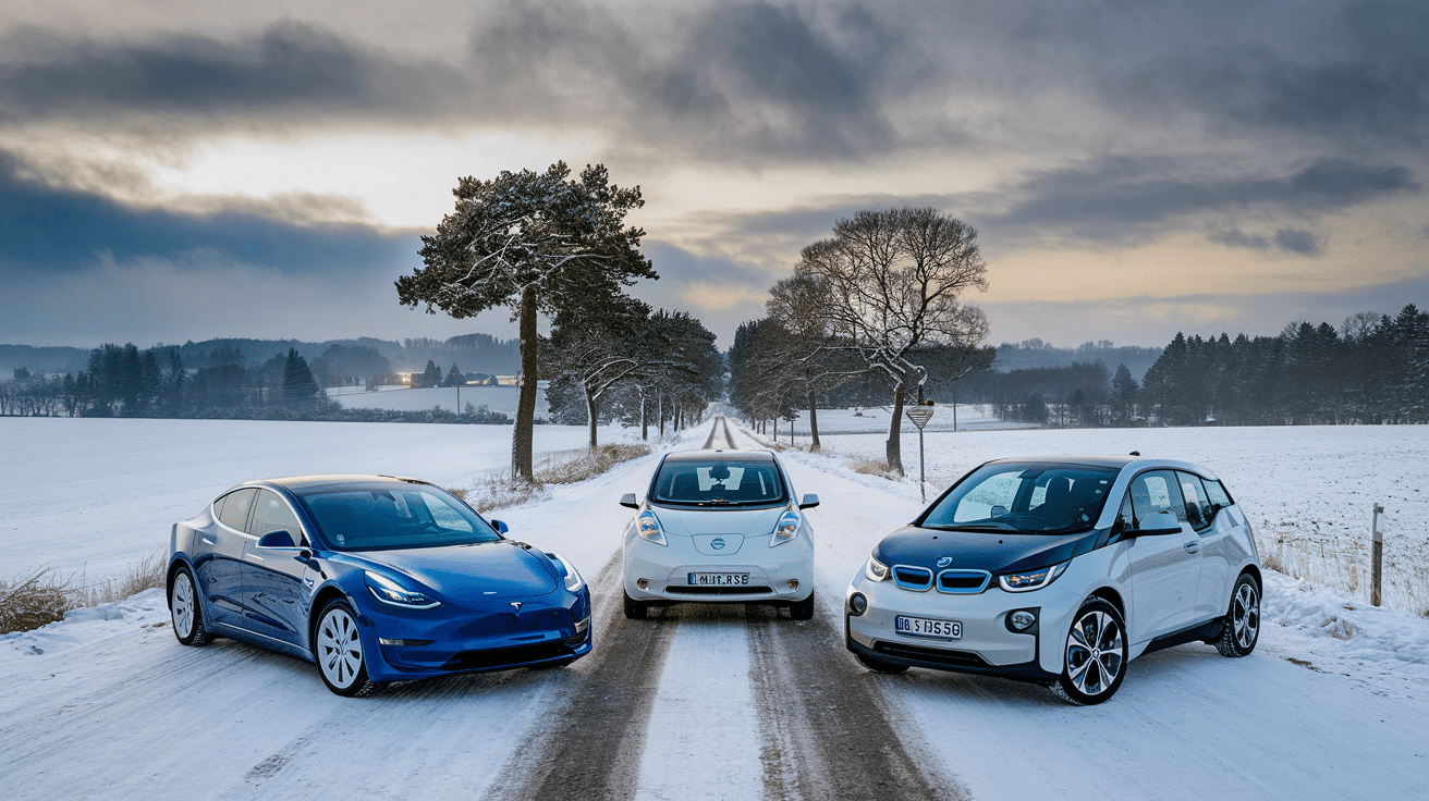 3 voitures électriques en hiver dans la neige