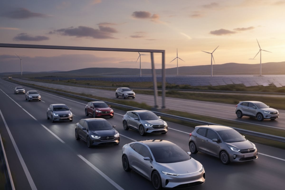 Voitures électriques roulant sur une autoroute française au coucher du soleil, symbolisant l’avenir de la mobilité en 2025.