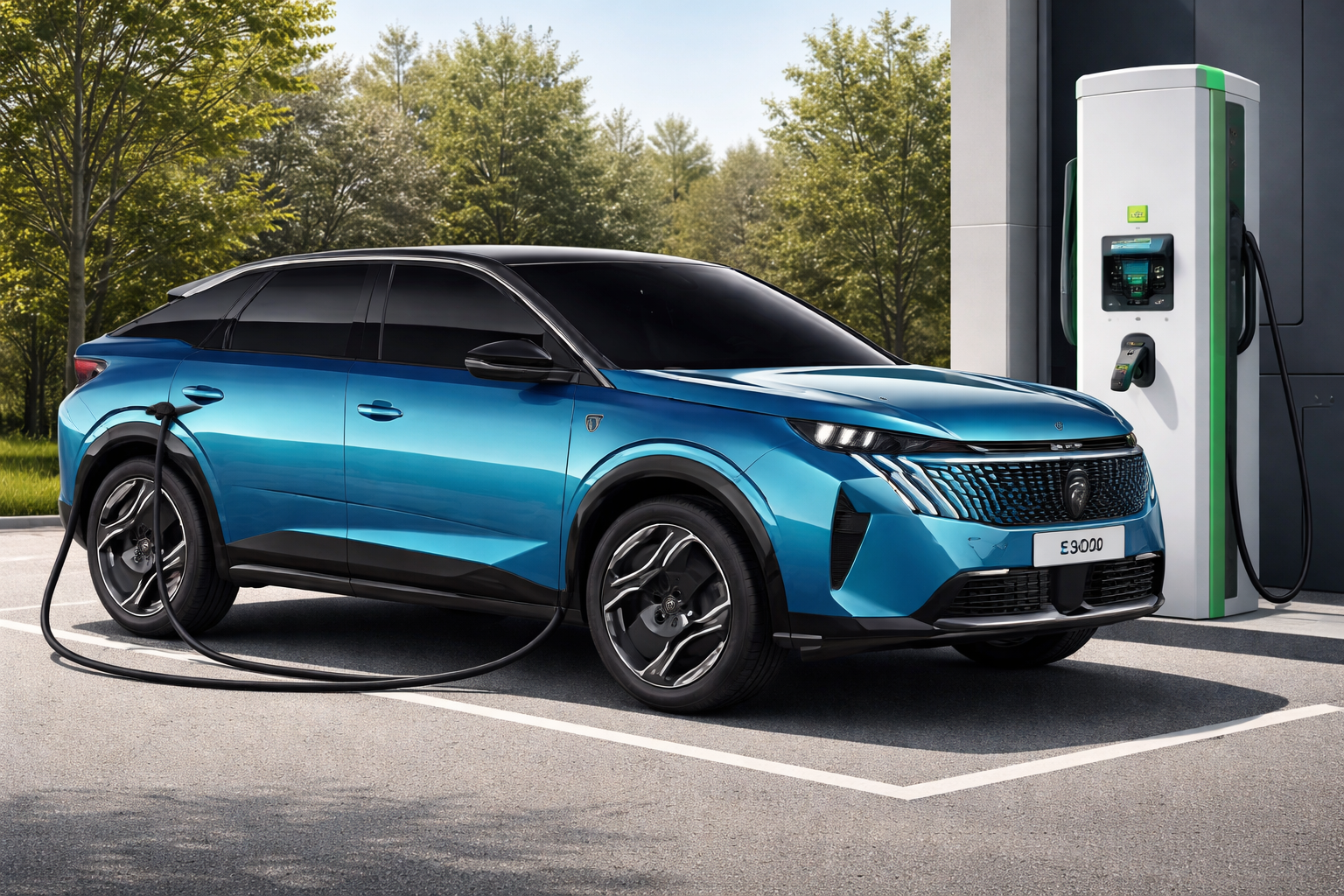 Voiture hybride rechargeable branchée pour la recharge de la batterie