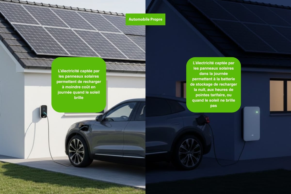 Maison équipée de panneaux solaires rechargeant une voiture électrique avec batterie domestique en journée et en soirée