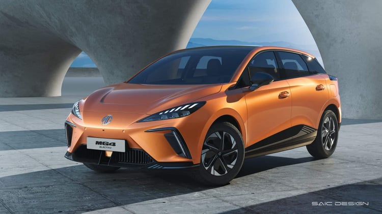 MG4 électrique V2 orange vue trois quarts avant avec signature LED