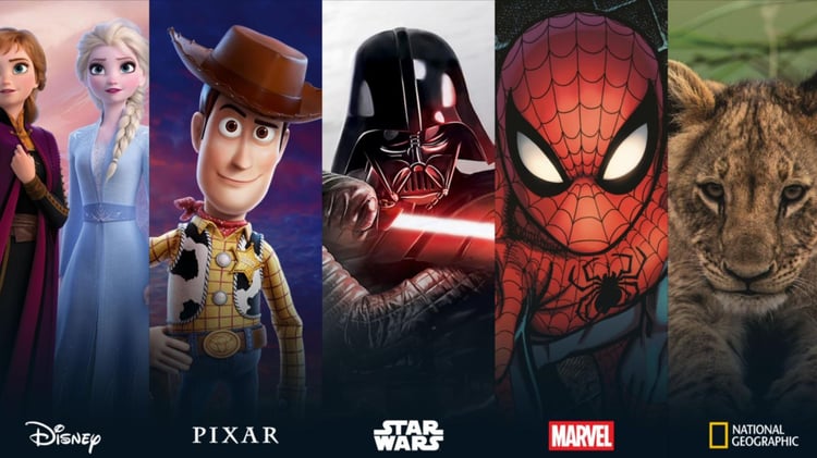 Montage Disney+ avec Pixar, Star Wars, Marvel, National Geographic et Frozen.