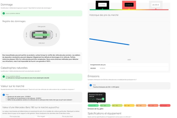 Données CarVertical sur les dommages, la valeur de marché et les émissions de CO2 d’une voiture