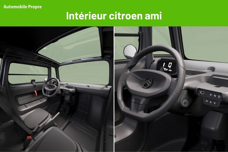 Intérieur Citroën Ami 2026 avec tableau de bord minimaliste et toit panoramique