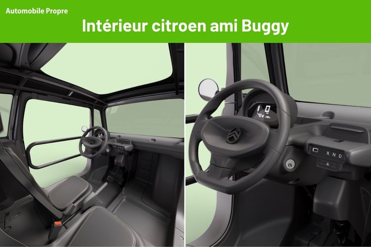 Intérieur de la Citroën Ami Buggy avec tableau de bord minimaliste et toit ouvert