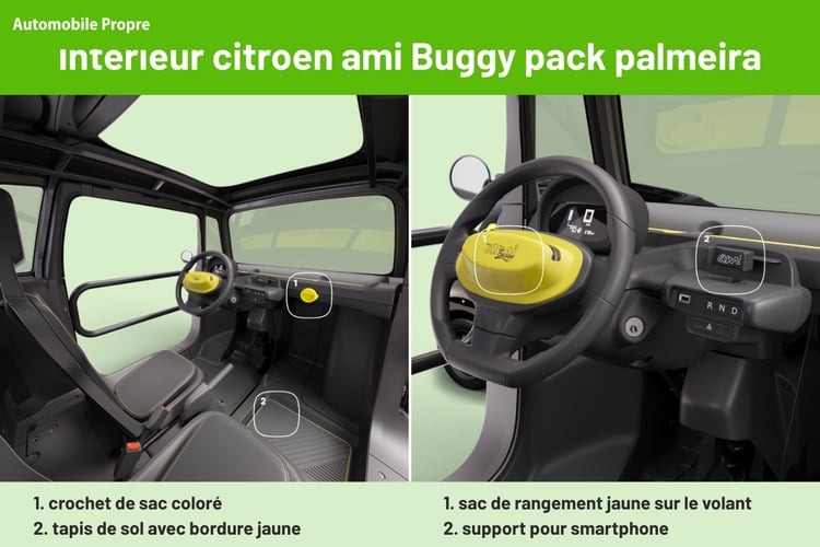 Intérieur Citroën Ami Buggy Pack Palmeira avec accessoires jaunes et support smartphone