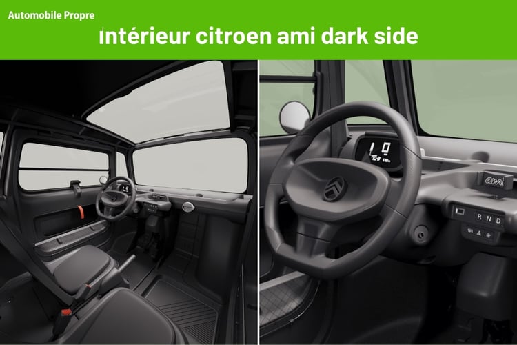 Intérieur Citroën Ami Dark Side 2026 avec finition sombre et tableau de bord minimaliste