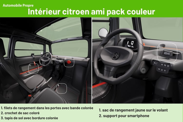 Intérieur Citroën Ami avec pack couleur et accessoires personnalisés