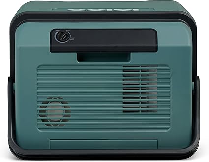 Vue de face de la glacière électrique Igloo IE27 AC/DC verte, avec panneau de commande Eco / Max et grille de ventilation