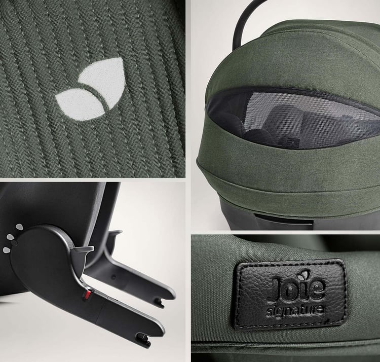 Détails de la coque Joie Sprint : logo, fenêtre d'aération, connecteur ISOFIX et étiquette Signature
