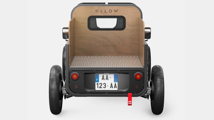 Kilow La Bagnole, voiturette électrique, vue arrière avec plateau de chargement