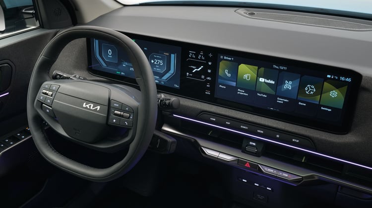 Planche de bord de la Kia EV2 avec double écran et éclairage d’ambiance.