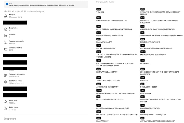 Identification et spécifications techniques d’un véhicule dans un rapport CarVertical