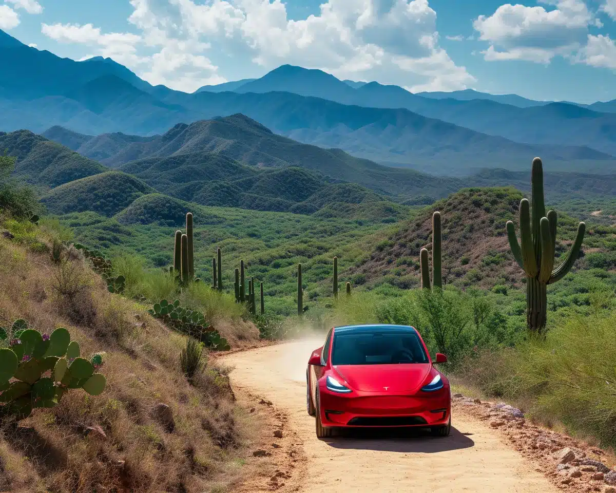 A red Tesla Model Y on a track in Mexico