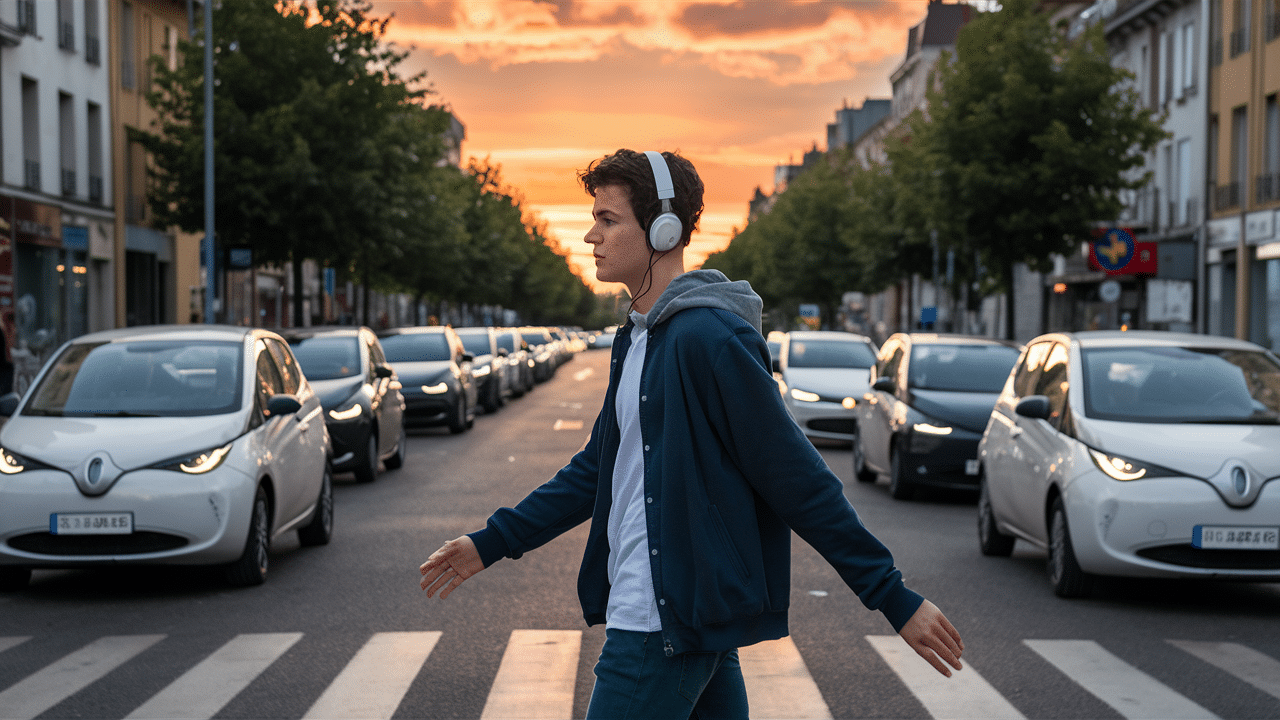 Un jeune homme traversant la rue